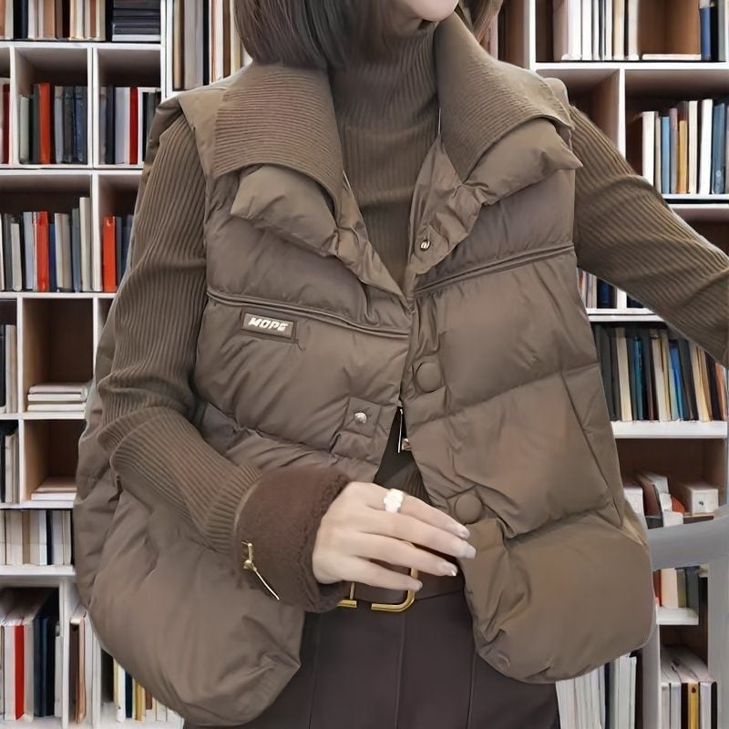 Ženski vest od Chenille, polo ovratnik, prednja tri gumba, dužina 50–65 cm, proljeće 2025