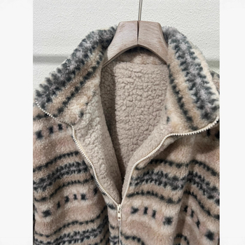Ženska jakna s geometrijskim uzorkom, debela umjetna ovčja vuna, stojeći ovratnik, zatvarač