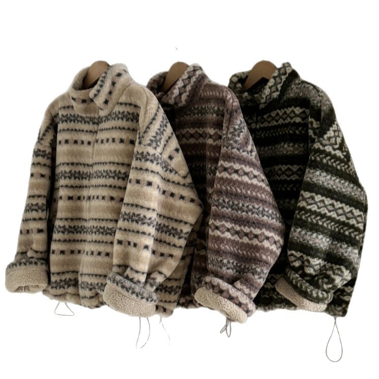 Ženska jakna s geometrijskim uzorkom, debela umjetna ovčja vuna, stojeći ovratnik, zatvarač