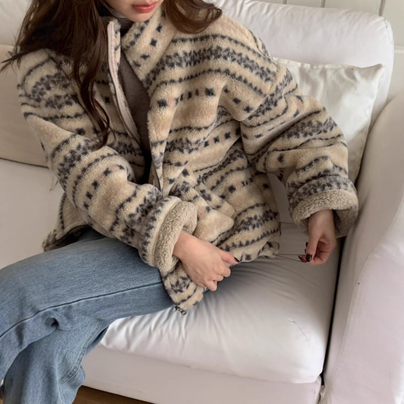 Ženska jakna s geometrijskim uzorkom, debela umjetna ovčja vuna, stojeći ovratnik, zatvarač