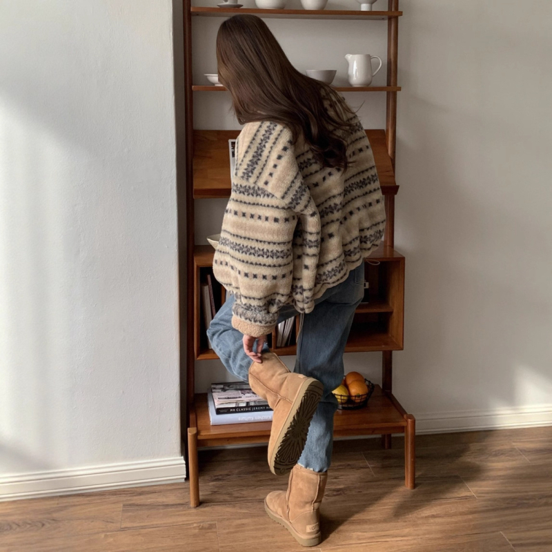 Ženska jakna s geometrijskim uzorkom, debela umjetna ovčja vuna, stojeći ovratnik, zatvarač