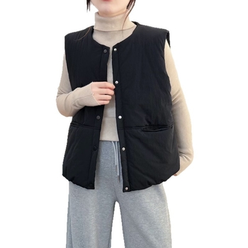 Damska jednobojna poliester kardigan-vest za jesen/zimu, topla i udobna, okrugli izrez, punjenje od imitacije svile i pamuka; japanski/korejski stil