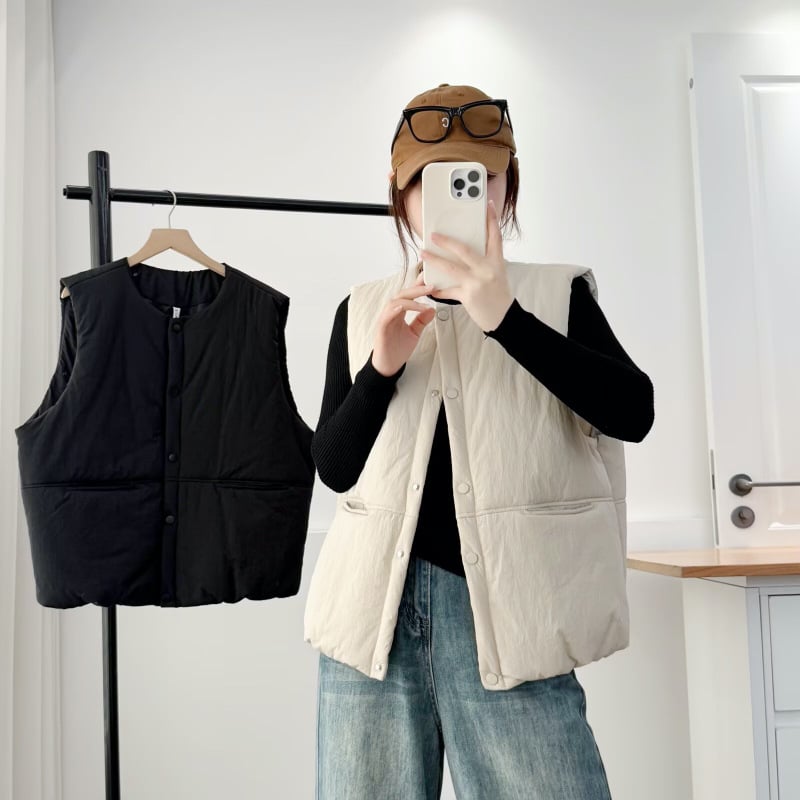 Damska jednobojna poliester kardigan-vest za jesen/zimu, topla i udobna, okrugli izrez, punjenje od imitacije svile i pamuka; japanski/korejski stil