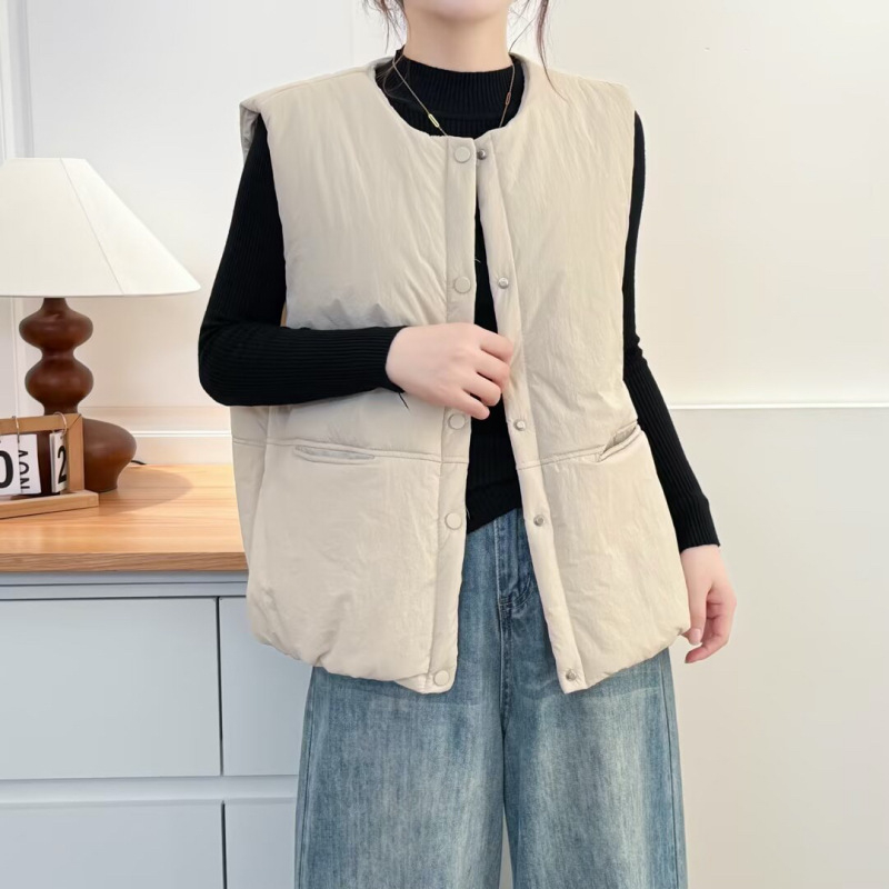 Damska jednobojna poliester kardigan-vest za jesen/zimu, topla i udobna, okrugli izrez, punjenje od imitacije svile i pamuka; japanski/korejski stil