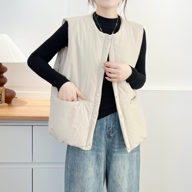 Damska jednobojna poliester kardigan-vest za jesen/zimu, topla i udobna, okrugli izrez, punjenje od imitacije svile i pamuka; japanski/korejski stil