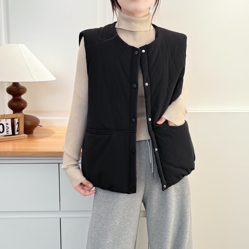 Damska jednobojna poliester kardigan-vest za jesen/zimu, topla i udobna, okrugli izrez, punjenje od imitacije svile i pamuka; japanski/korejski stil