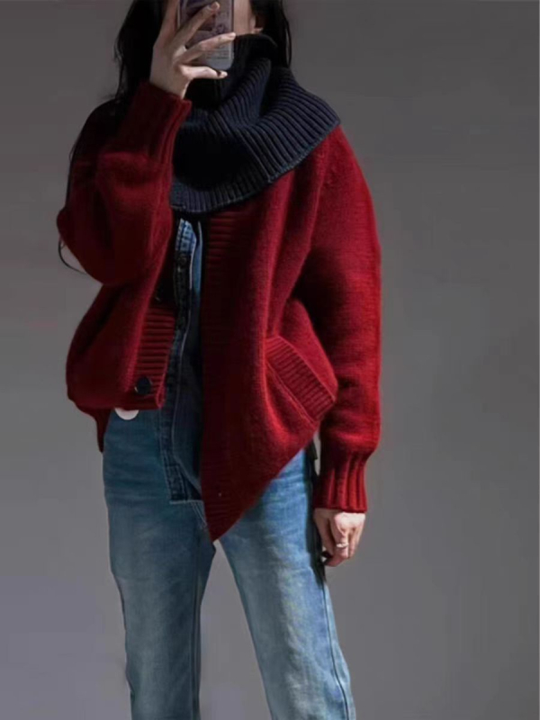 Ženski vuneni kardigan s V-izrezom, srednja duljina, opuštena silueta, patchwork pletenina