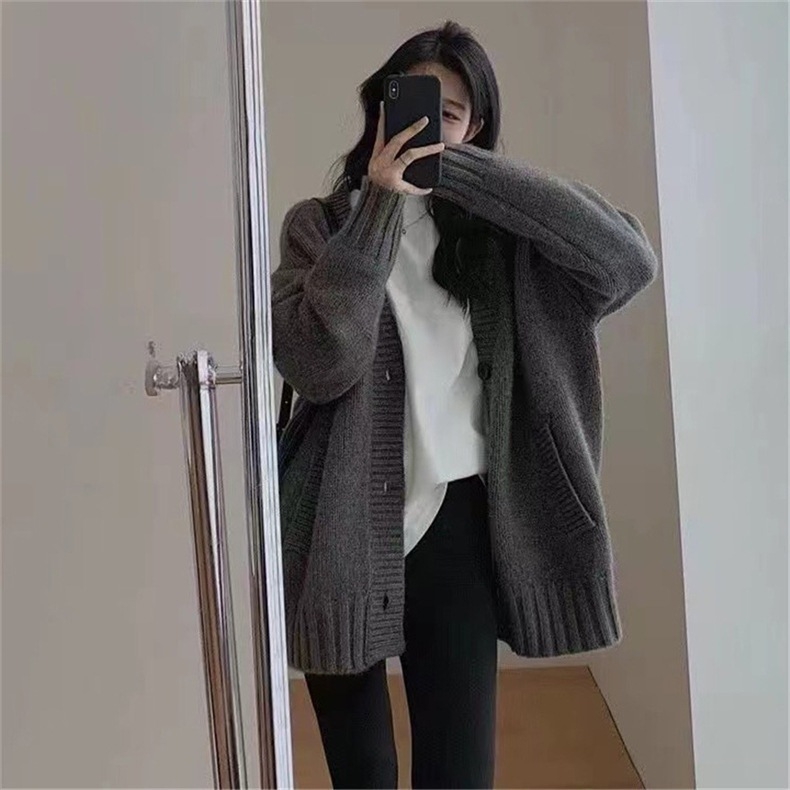 Ženski vuneni kardigan s V-izrezom, srednja duljina, opuštena silueta, patchwork pletenina