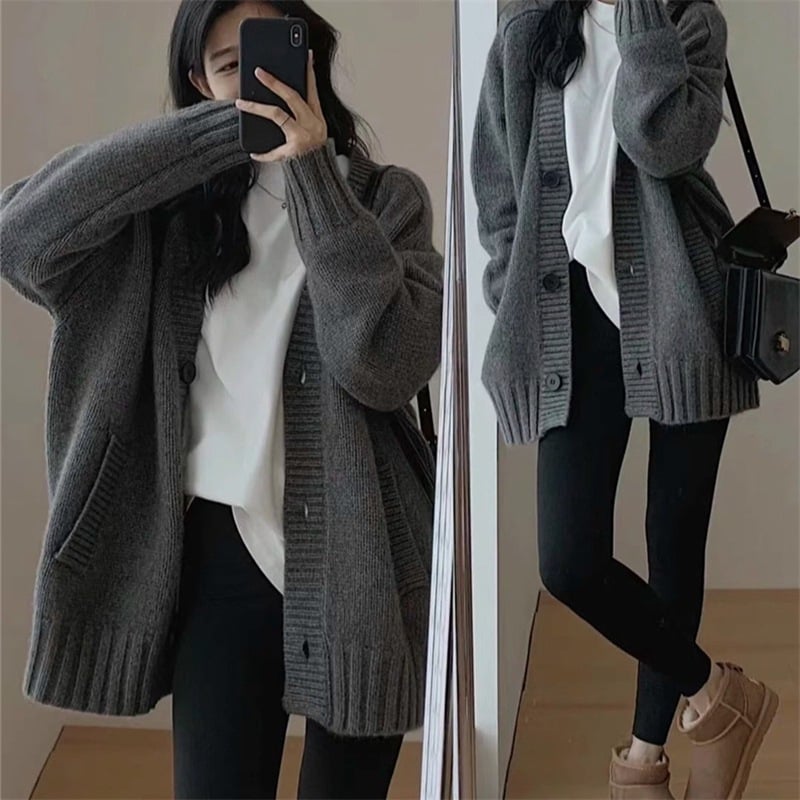 Ženski vuneni kardigan s V-izrezom, srednja duljina, opuštena silueta, patchwork pletenina