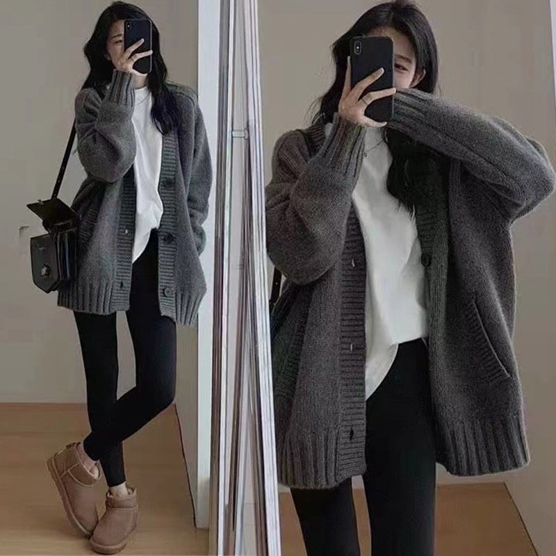 Ženski vuneni kardigan s V-izrezom, srednja duljina, opuštena silueta, patchwork pletenina