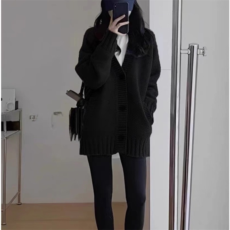 Ženski vuneni kardigan s V-izrezom, srednja duljina, opuštena silueta, patchwork pletenina