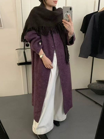 Ženski kaput od kašmira-vunene smjese, bez ovratnika, jednostruko kopčanje na gumbe, 3/4 rukavi, srednje debljine