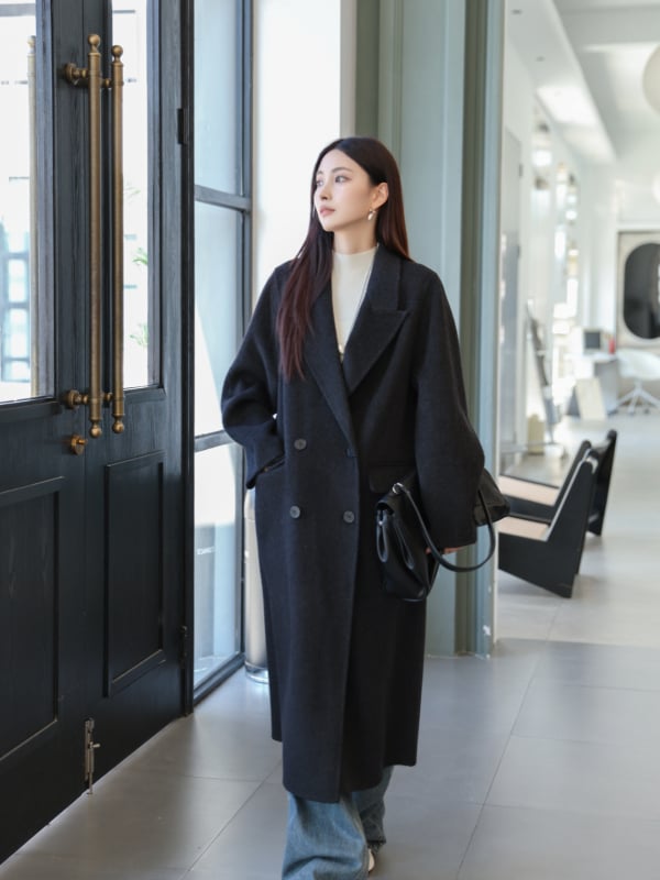 Ženski vuneni kaput s oštrim ovratnikom, dvostruko kopčanje, dugačak kroj, mješavina vune i kašmira