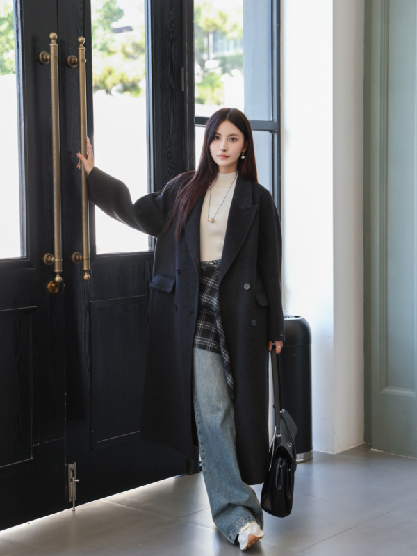 Ženski vuneni kaput s oštrim ovratnikom, dvostruko kopčanje, dugačak kroj, mješavina vune i kašmira