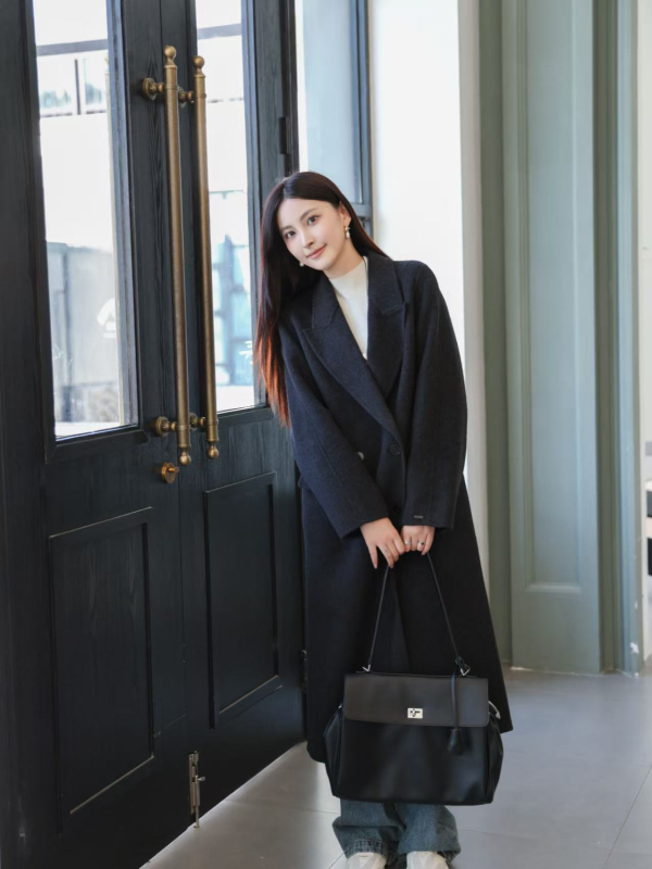 Ženski vuneni kaput s oštrim ovratnikom, dvostruko kopčanje, dugačak kroj, mješavina vune i kašmira