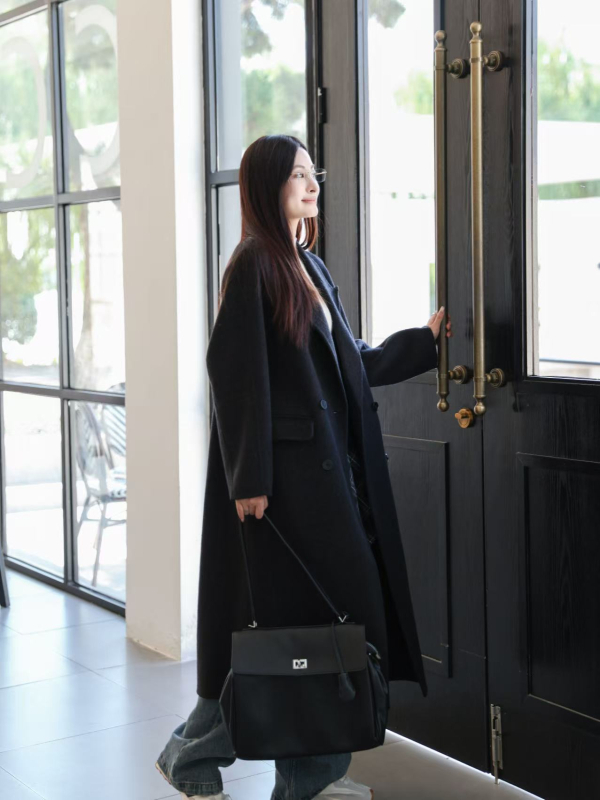 Ženski vuneni kaput s oštrim ovratnikom, dvostruko kopčanje, dugačak kroj, mješavina vune i kašmira