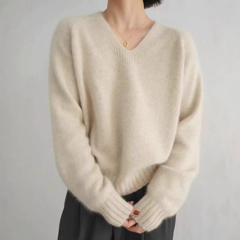 Ženski vuneni džemper s V-izrezom, srednje debele, opušten kroj, dugi rukavi, 95% vuna