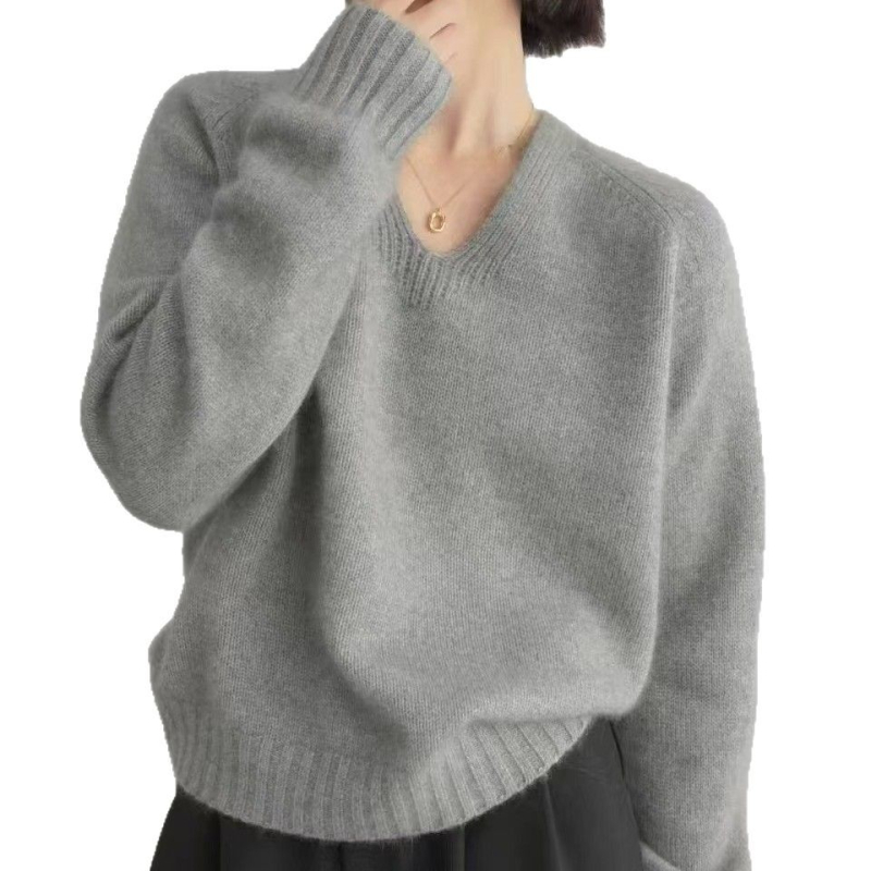 Ženski vuneni džemper s V-izrezom, srednje debele, opušten kroj, dugi rukavi, 95% vuna