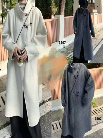 Ženski reverzibilni vuneni kaput – opuštena duga silueta, stojeći ovratnik, korejski stil, jesen 2025, vuneni materijal, 50–70% vuna