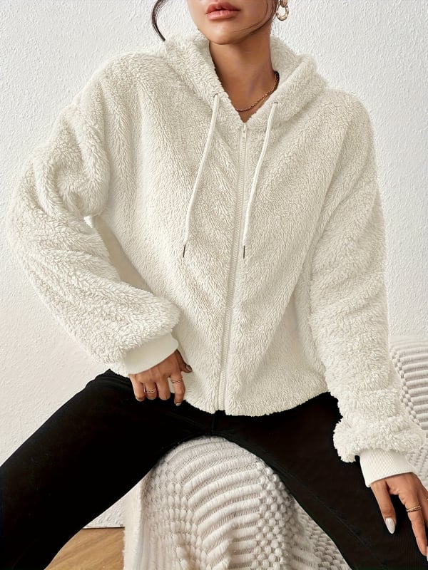 Ženska casual fleece jakna s kapuljačom i zatvaračem, topla s dugim rukavima; materijal: poliesterska vlakna; glavni materijal 30–50%; sekundarni materijal 30–50%