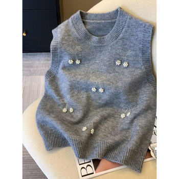 Pleteni prsluk s perlama — slojeviti dizajn, okrugli izrez, poliester s elastanom, proljeće 2025, japansko-korejski ležerni stil