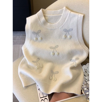 Pleteni prsluk s perlama — slojeviti dizajn, okrugli izrez, poliester s elastanom, proljeće 2025, japansko-korejski ležerni stil