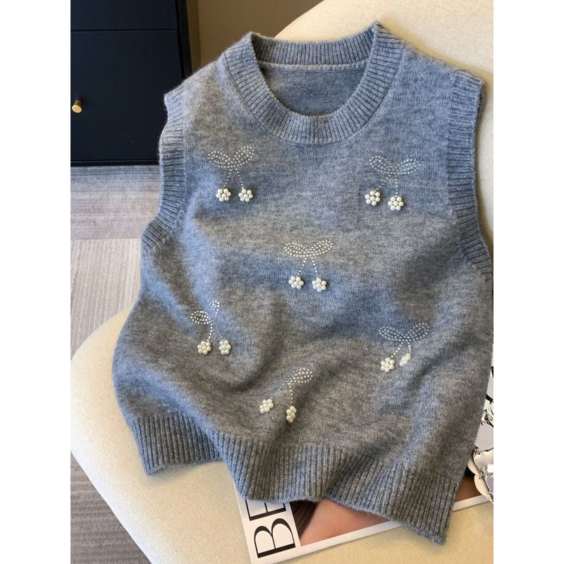 Pleteni prsluk s perlama — slojeviti dizajn, okrugli izrez, poliester s elastanom, proljeće 2025, japansko-korejski ležerni stil