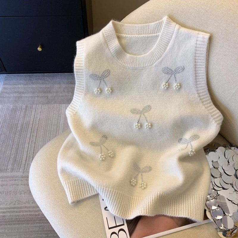 Pleteni prsluk s perlama — slojeviti dizajn, okrugli izrez, poliester s elastanom, proljeće 2025, japansko-korejski ležerni stil