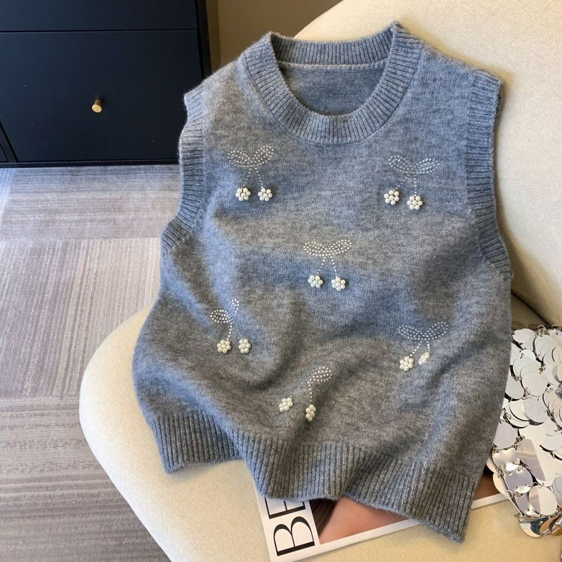 Pleteni prsluk s perlama — slojeviti dizajn, okrugli izrez, poliester s elastanom, proljeće 2025, japansko-korejski ležerni stil