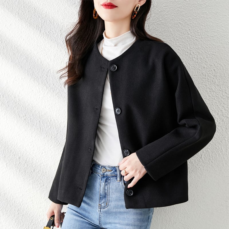 Ženski vuneni kaput, ravnog kroja, produženog kroja, polurol ovratnik, dugi rukavi, akrilna vlakna ≥95%