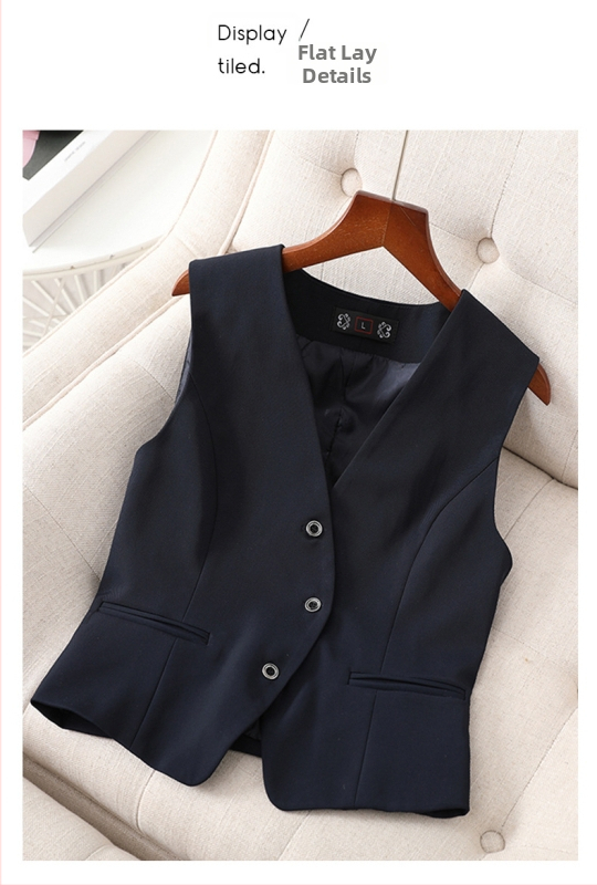 Profesionali moterų liemenė biurui, nailonas su elastanu ir poliesteriu, kostiumo apykaklė, priekinis užsegimas vienos eilės sagomis