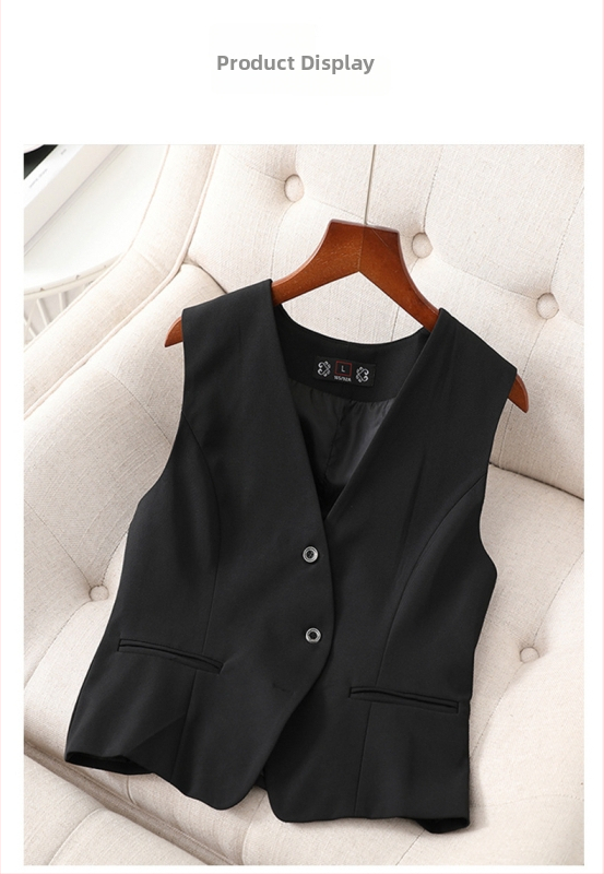 Profesionali moterų liemenė biurui, nailonas su elastanu ir poliesteriu, kostiumo apykaklė, priekinis užsegimas vienos eilės sagomis