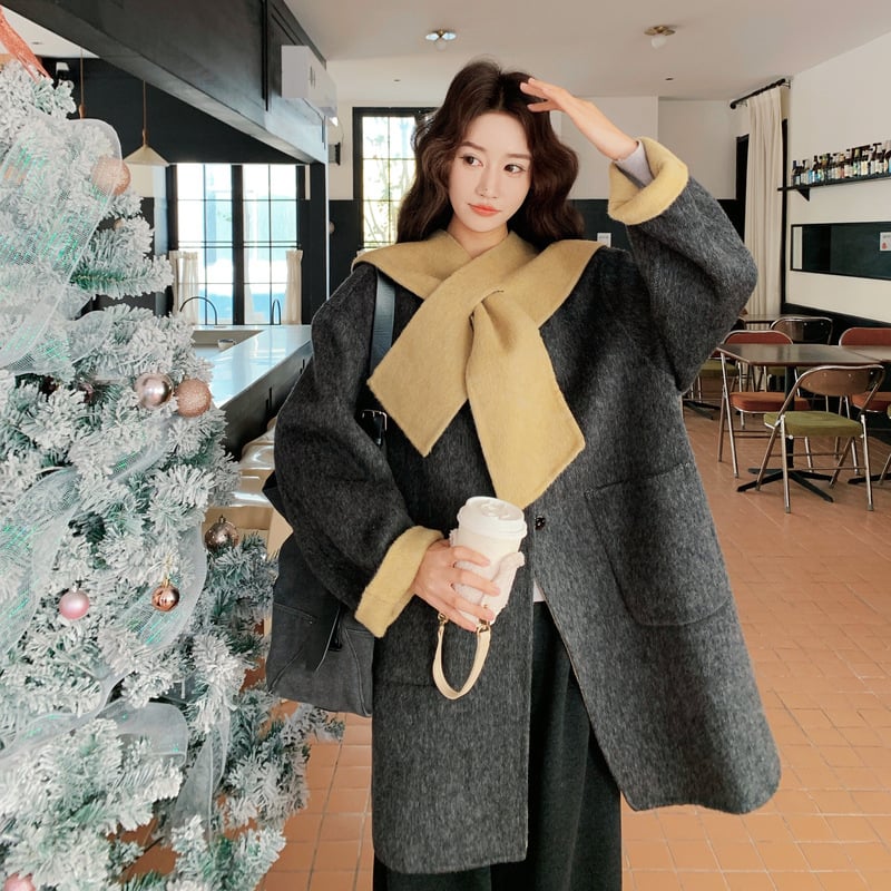 Ženski vuneni kaput u korejskom stilu, udoban kroj, dvostrani, vuna 50–70% i poliester do 30%