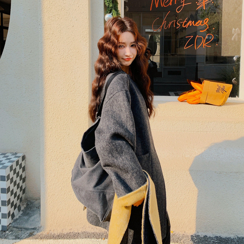 Ženski vuneni kaput u korejskom stilu, udoban kroj, dvostrani, vuna 50–70% i poliester do 30%