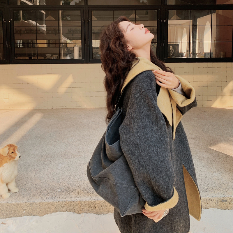 Ženski vuneni kaput u korejskom stilu, udoban kroj, dvostrani, vuna 50–70% i poliester do 30%