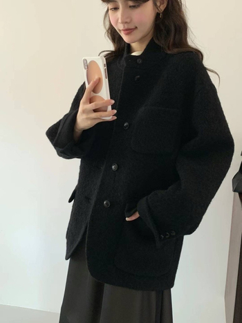 Ženski vuneni kaput sa stojećim ovratnikom, dvostruka kamelja vuna i kašmir, srednja duljina, labav kroj, korejski stil