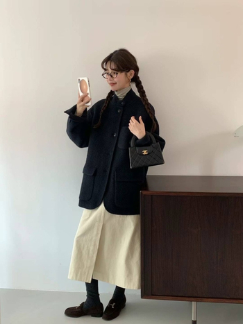 Ženski vuneni kaput sa stojećim ovratnikom, dvostruka kamelja vuna i kašmir, srednja duljina, labav kroj, korejski stil