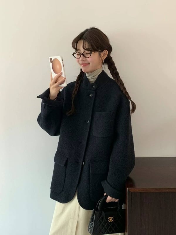 Ženski vuneni kaput sa stojećim ovratnikom, dvostruka kamelja vuna i kašmir, srednja duljina, labav kroj, korejski stil