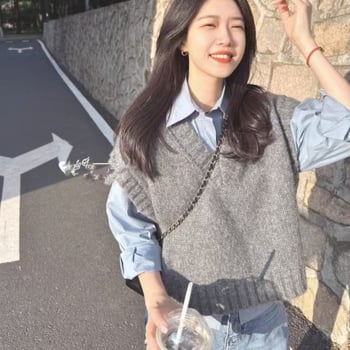 Dámska vlnená vesta, bez rukávov, V-krk, ryhovaná textúra, vrstvené vonkajšie oblečenie, voľný strih, zima 2025