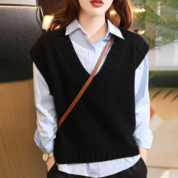 Dámska vlnená vesta, bez rukávov, V-krk, ryhovaná textúra, vrstvené vonkajšie oblečenie, voľný strih, zima 2025