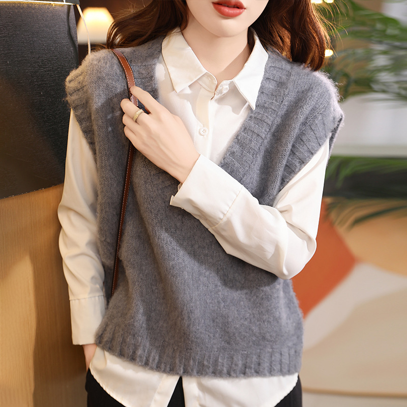 Dámska vlnená vesta, bez rukávov, V-krk, ryhovaná textúra, vrstvené vonkajšie oblečenie, voľný strih, zima 2025