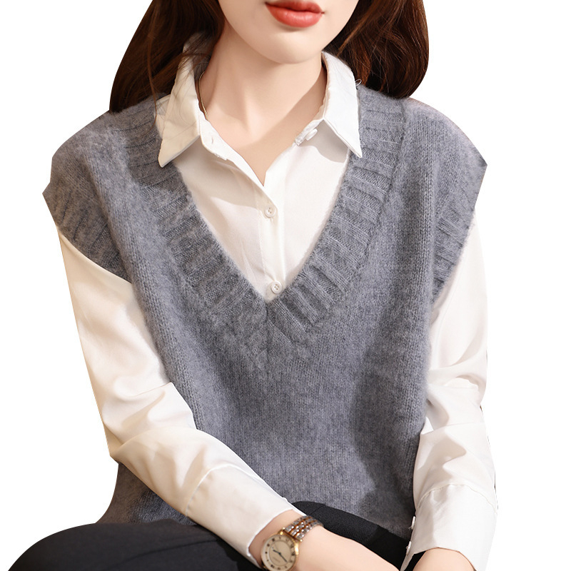 Dámska vlnená vesta, bez rukávov, V-krk, ryhovaná textúra, vrstvené vonkajšie oblečenie, voľný strih, zima 2025