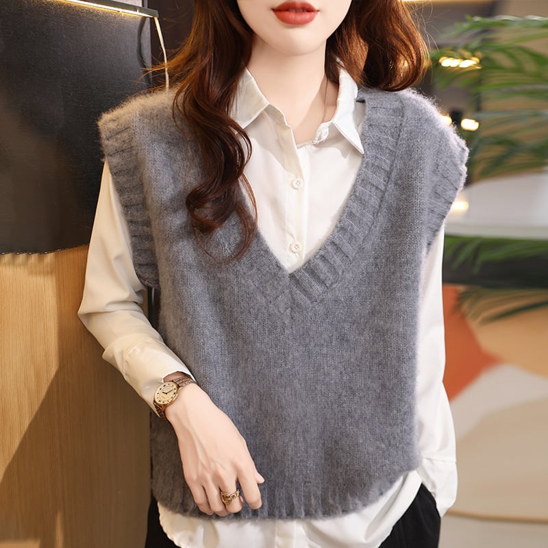 Dámska vlnená vesta, bez rukávov, V-krk, ryhovaná textúra, vrstvené vonkajšie oblečenie, voľný strih, zima 2025