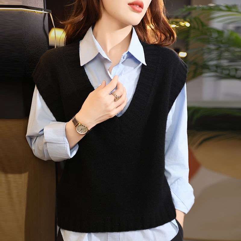 Dámska vlnená vesta, bez rukávov, V-krk, ryhovaná textúra, vrstvené vonkajšie oblečenie, voľný strih, zima 2025