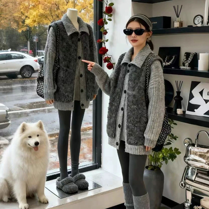 Set jesenskih pletenina za plus veličinu: kardigan s puloverom i vestom bez rukava, ženski, ravni kroj, poliester 80–90%