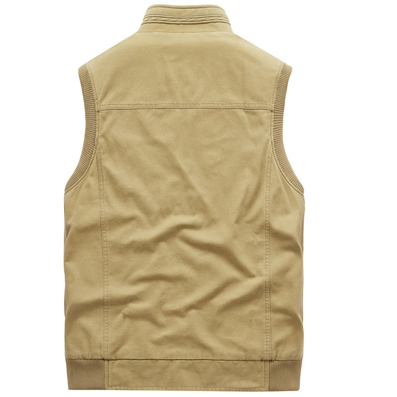 Muški pamučni radni prsluk, 100% pamuk, slobodan kroj, stojeći ovratnik, prednji zatvarač, više džepova, pogodna za proljeće i jesen