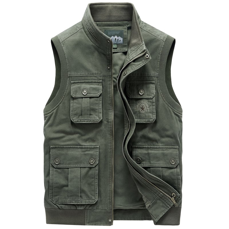 Muški pamučni radni prsluk, 100% pamuk, slobodan kroj, stojeći ovratnik, prednji zatvarač, više džepova, pogodna za proljeće i jesen