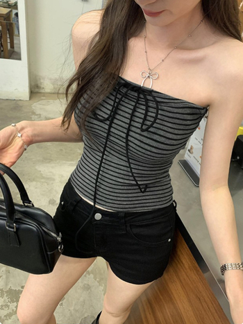 Тръбесто еластично бюстие без презрамки с панделка, райета, вискоза, памук 90–95%