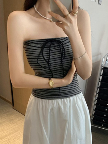 Тръбесто еластично бюстие без презрамки с панделка, райета, вискоза, памук 90–95%