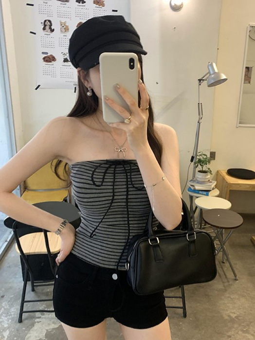 Тръбесто еластично бюстие без презрамки с панделка, райета, вискоза, памук 90–95%